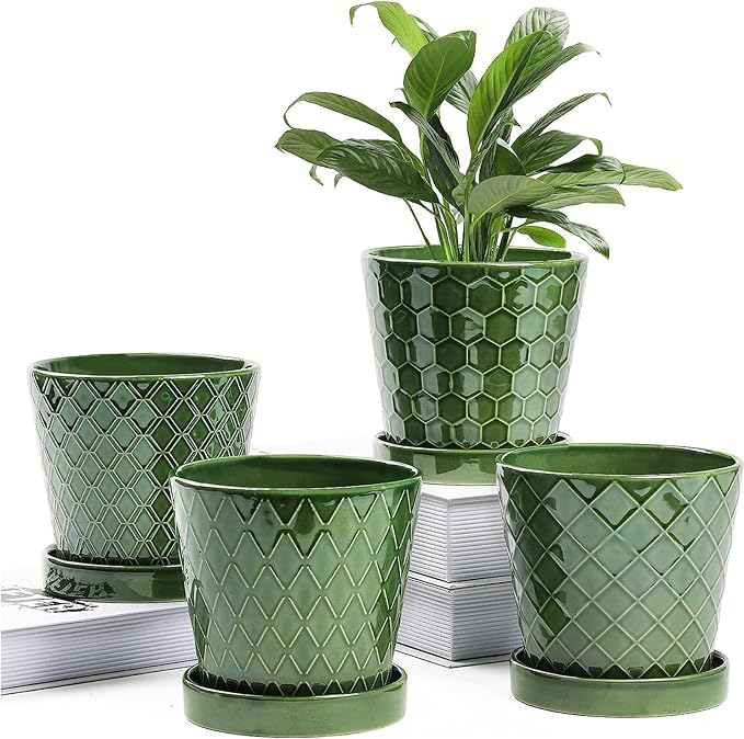 BUYMAX Plant Pots Indoor –5 inch Ceramic Flower Pot with Drainage Hole and Ceramic Tray - Gardening Home Desktop Office Windowsill Decoration Gift, Set of 4-Plants NOT Included (Patina) BUYMAX