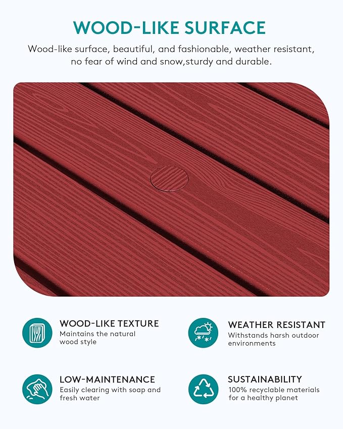 SERWALL Outdoor Coffee Table with 1.69" Umbrella Hole, HDPE Patio Coffee Table for Outside, Rectangle, Red SERWALL