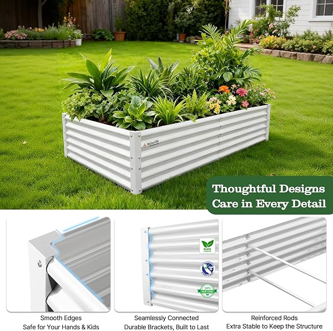 A ANLEOLIFE 6X3X1.5 ft Galvanized Raised Garden Beds Outdoor, Rectangular Metal Planter Box for Planting Vegetables Flowers Herb, Anti-Rust & Easy-Setup, Antique White AAnleolife