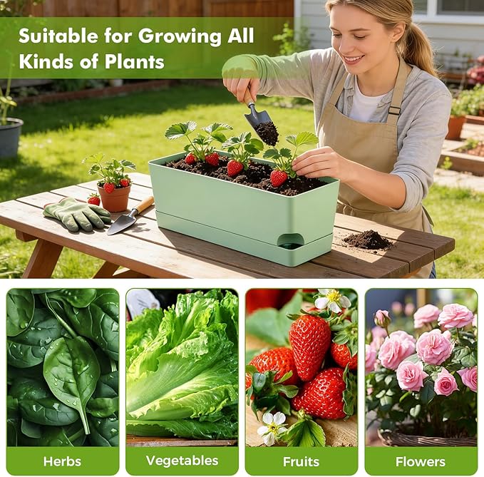 4 Pack Self Watering Pots for Indoor Plants 17 Inches Window Boxes Planters Rectangular Flower Pots Rectangle Herb Pots Large Plant Pots with Drainage Holes and Saucers Windowsill Planter, Green KvyusFlourish