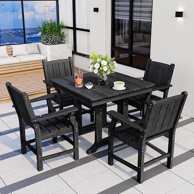 Pamapic 5 PCS Outdoor Dining Set, Spacious HDPE Outdoor Table and Chairs, Wood Grain Patio Furniture Sets with Elegant Armrest, All-Weather Patio Dining Table with Umbrella Hole, Black Pamapic