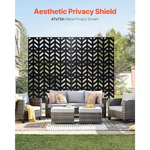 VEVOR Metal Privacy Screen, 47" W x 72" H, Outdoor Privacy Screens 5-Panel, Freestanding Outdoor Divider with Stand, Decorative Garden Steel Privacy Fence for Balcony Patio Indoor Room Black VEVOR
