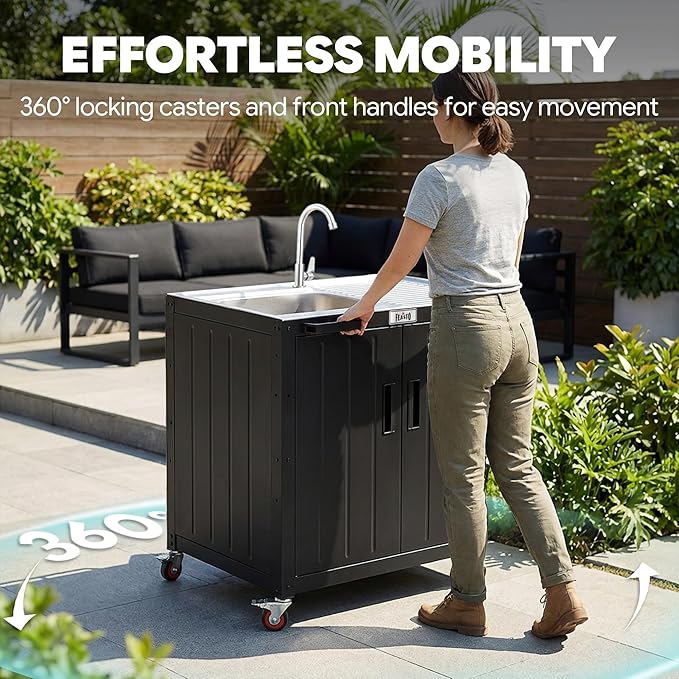Outdoor Kitchen Island with Stainless Steel Sink and Storage Cabinet, 35-Inch BBQ Prep Station with Faucet & Lockable Wheels for Patio, Backyard, and Outdoor Cooking, Black & Silver Idealforcook