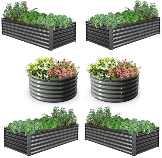 A ANLEOLIFE 6-Pack 4X4X1.5ft & 6X3X1.5ft Deep Root Galvanized Raised Garden Beds Outdoor for Planting Vegetables Flowers Herb, Quartz Grey AAnleolife