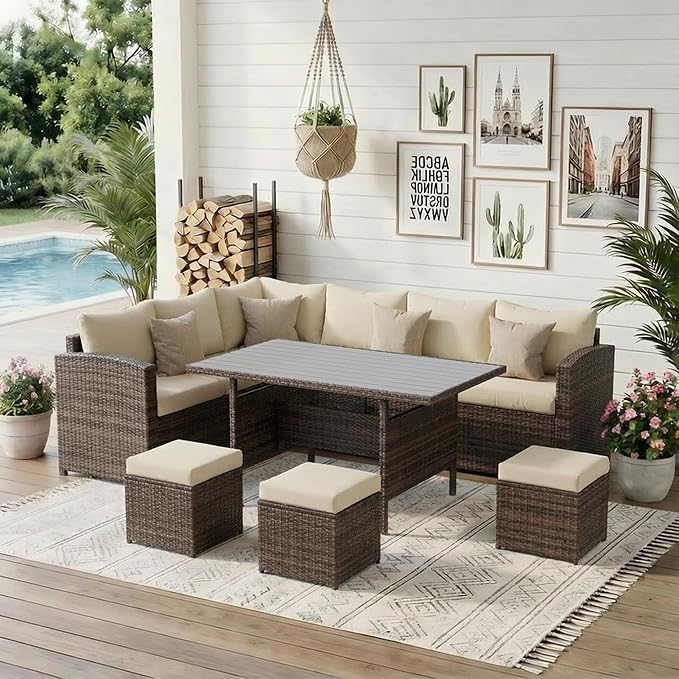 Wisteria Lane Patio Furniture Set, 7 Piece Outdoor Dining Sectional Sofa with Dining Table and Chair, All Weather Wicker Conversation Set with Ottoman, Ivory WisteriaLane