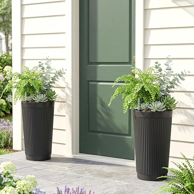 Self Watering Tall Black Planters Outdoor Set of 2, 24” Flower Pots Planters for Outdoor Plants, Modern Plastic Tall Planter for Front Porch, with Drainage Hole (Ribbed) PolarcoForgeco