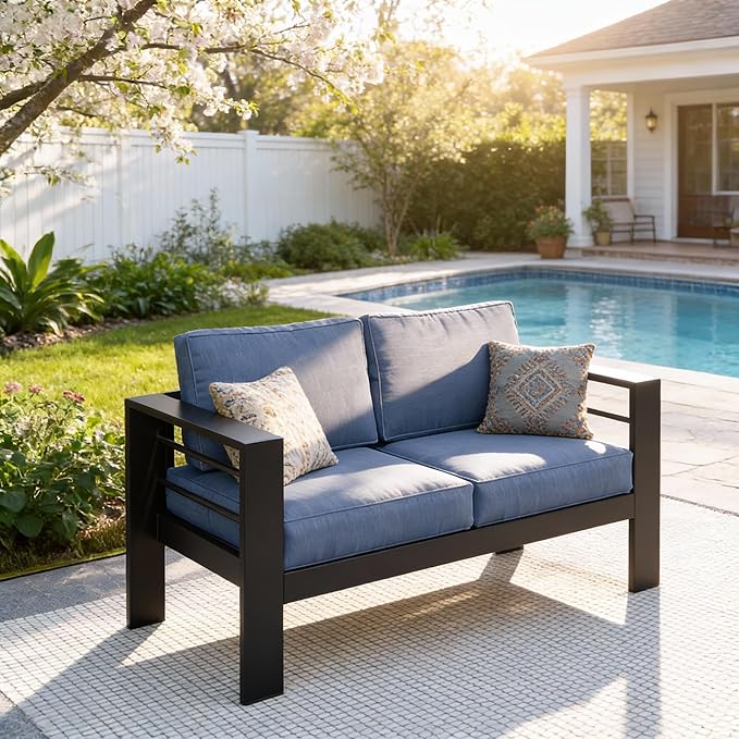 Kiss the Water Outdoor Patio Furniture Loveseat Sofa, All-Weather Metal Aluminum Patio Couch with 5" Thick and Soft Cushion and Wide Arm, Outdoor Couch for Balcony, Porch, Backyard KisstheWaterPatioTool