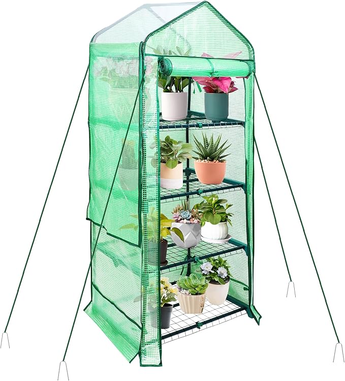 4 Tier Mini Greenhouse for Outdoor Indoor, Double-Layer Roof, Heavy Duty Small Greenhouses with PE Cover, Portable Green Houses for Outside Winter Plant Protection, 64'' H x 27'' L x 20'' W PROWORX