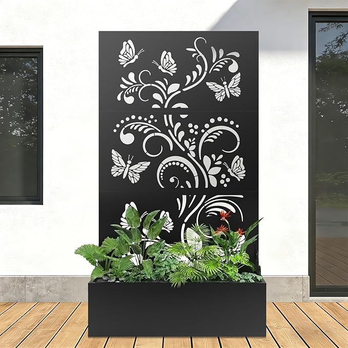 Metal Raised Garden Bed with Trellis & Privacy Screen, 71"x40"x11.8" Galvanized Freestanding Planter Box for Patio Balcony, Modern Planter with Drainage for Climbing Plants, Flowers & Vegetable XOCUWU