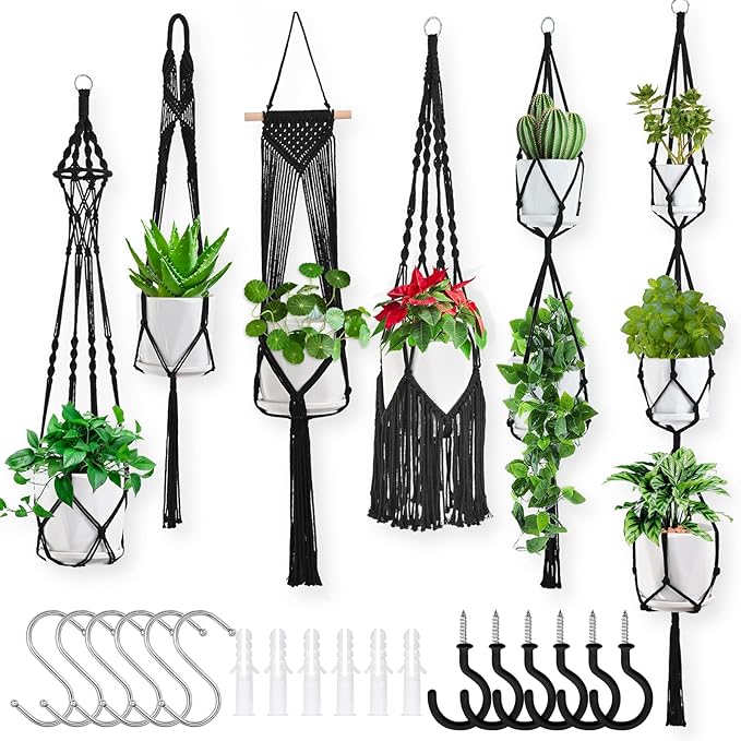Macrame Plant Hangers, 6Pack Hanging Plant Holders Indoor w/ 6 Set Hooks Handmade Cotton Rope Plant Hangers Set Flower Pots Holder Stand Boho Home Decor Hanging Planters for Indoor Outdoor Plants TAOZIM
