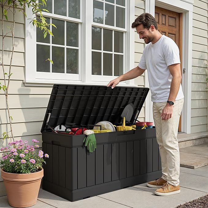 Devoko 78 Gallon Deck Box, Waterproof Resin Outdoor Storage Box for Outside and Patio, Outdoor Storage Bench Lockable for Patio Furniture, Garden Tools and Pool Supplies (Black, 78 Gallon) DEVOKO