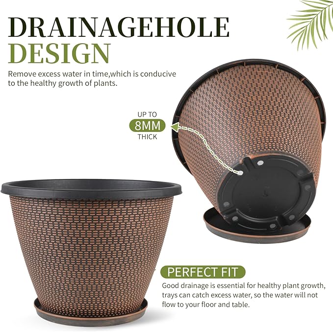 16 inch Plant Pots, Large Planters for Outdoor Plants Set of 4, Round Plastic Flower Pots with Drainage Holes & Trays, Modern Decorative Indoor Garden Pot, Plant Container for House (Black Copper) Svxtoby