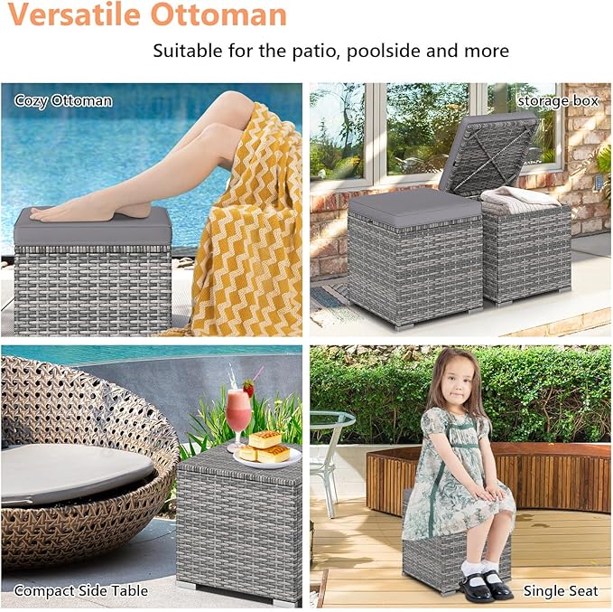 Tangkula 2 Pieces Patio Ottomans, Patiojoy Hand-Woven PE Rattan Side Table with Removable Cushion & Hidden Storage Space, Multifunctional Storage Box, Seat for Patio, Backyard, Poolside (Light Grey) TANGKULA