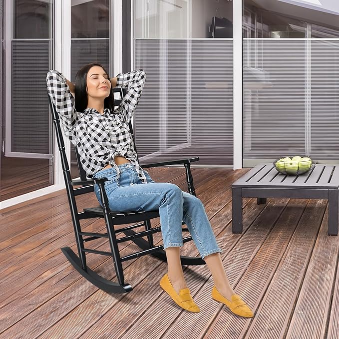 VINGLI Wooden Rocking Chair, Outdoor Chair with 450 lbs Support, Relaxing Rocker with Solid Wood High Back Seat Reclining Seat for Deck, Garden, Backyard, Porch, Indoor or Outdoor Use (Black, 2PCS) VINGLI
