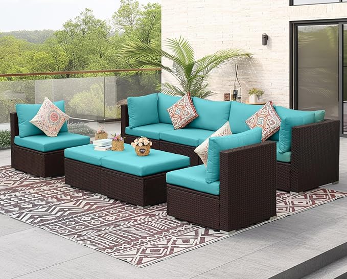 NICESOUL 8 Piece Outside Furniture Set, 29.3'' High Back Deep Seating Wicker Patio Modular Sectionals, Oversized Modern Comfy Conversation Sets for Backyard, Brown Rattan and Teal Cushion NICESOUL
