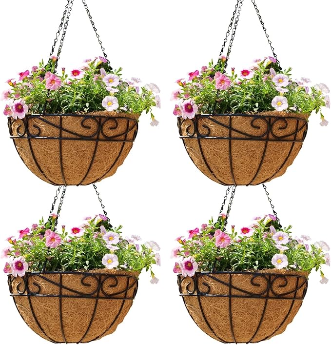 Outdoor Metal Hanging Planters Basket (4pack, 10 inch) Hanging Baskets for Plants Chain Round Wire Plant Holder with Coco Fiber Liners for Garden, Patio, Deck, Porch(Flower Border) EIMQUVW