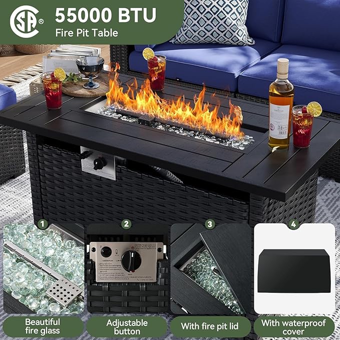 Aoxun 15 Piece Patio Furniture Set with 44” Fire Pit Table, Wicker Rattan Patio Sectional Sofa, Outdoor Furniture Set with Thickened Cushion, Blue Aoxun