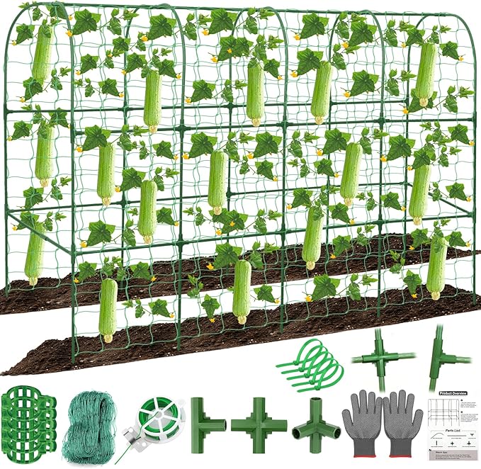 67 x 50 Cucumber Trellis for Raised Bed, U-Shape Metal Large Garden Trellis for Climbing Plants Outdoors with Netting, Garden Tools, Cucumber Arch Trellis for Vegetable Fruit Flower Plant Support Qinzave