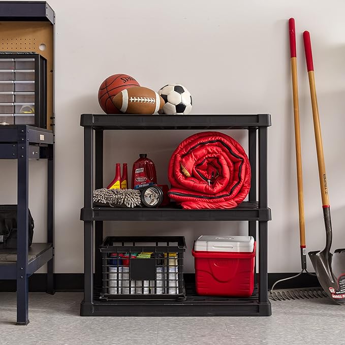 IRIS USA 3-Shelf Heavy Duty Plastic Storage Shelves, 450lb Capacity, 38" H x 36" W x 18" D, Large Modular Shelving Unit Storage Organizer for Garage, Home, Warehouse & Gym, Storage Rack - Black IRISUSA