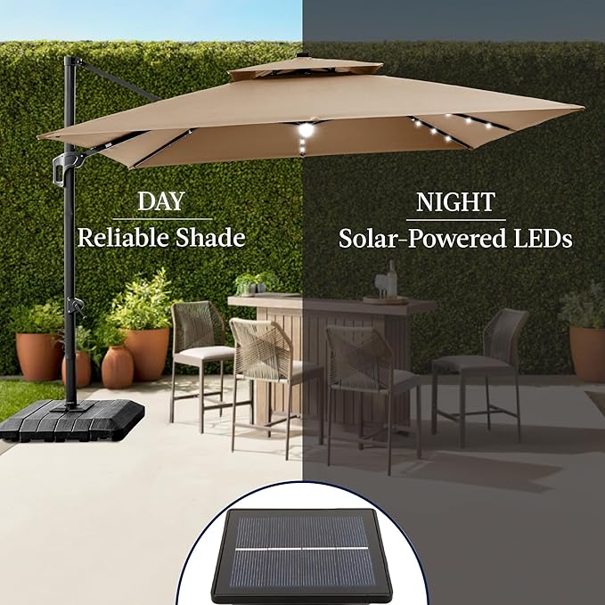 Best Choice Products 12x12ft LED Cantilever Patio Umbrella w/Base Included & 360° Rotation, Large Solar Offset Hanging Outdoor Sun Shade for Deck, Backyard Table w/Stand & Lights – Tan BestChoiceProducts