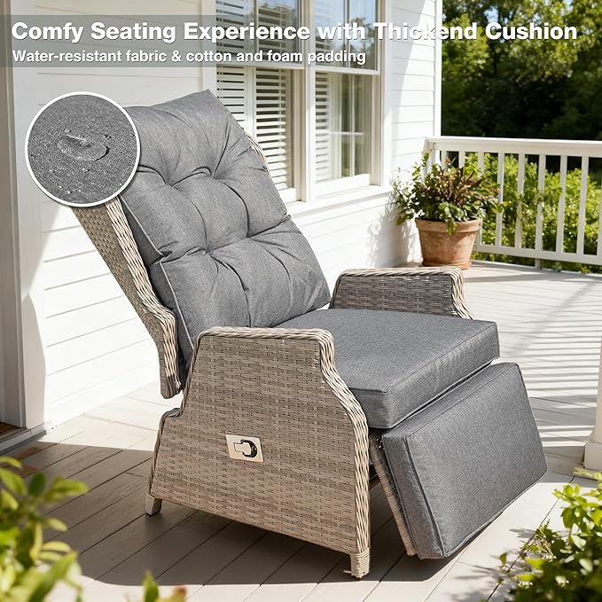 Outdoor Recliner with Adjustable Back and Footrest, Patio 150° Lay Flat Recliner with Flip Table Wicker Reclining Lounge Chair, Grey with Beige Wicker COMLAXFIELD