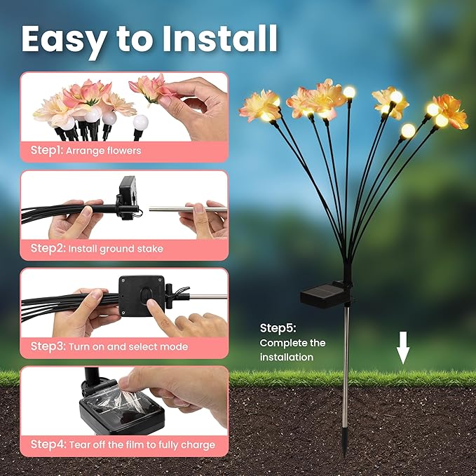 Solar Garden Lights, Warm White LED Swaying Solar Flowers Light for Outside, Waterproof Garden Decor, Outdoor Decorative Lights Yard, Patio, Pathway Decoration Gardening Gifts (2 Pack) PEVOROS