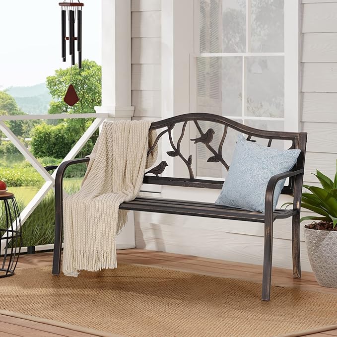 Sophia & William Outdoor Bench, Porch Bench, Garden Bench, Wrought Iron Bench with Backrest and Armrests, Bronze SophiaWilliam
