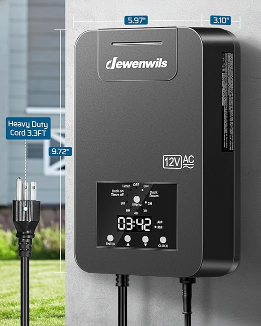 DEWENWILS 200W Low Voltage Landscape Transformer with Photocell Sensor & Timer, 120V AC to 12V/14V AC, Weatherproof Outdoor Landscape Lighting Transformer for Garden Lights, Spotlights, Steplights DEWENWILS