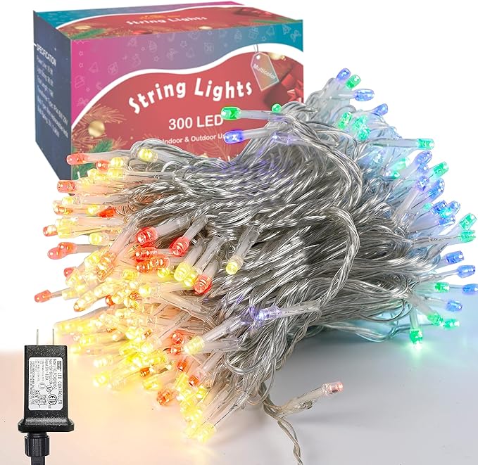 LJLNION 300 LED String Lights Outdoor Indoor, Extra Long 98.5FT Christmas Lights, 8 Lighting Modes, Plug in Waterproof Fairy Lights for Wedding Party Bedroom Decorations (Multicolor) LJLNION