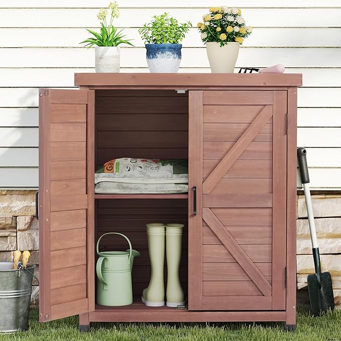 Outdoor Storage Cabinet & Potting Bench Table with Metal Top, Wooden Patio Furniture, Garden Workstation (Royal Brown, 36x31x17in) OutdoorFurniture