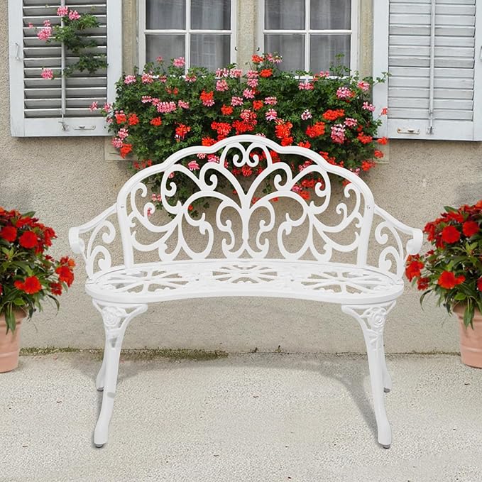 VINGLI 38.5" Patio Park Garden Outdoor Metal Rose Bench, 2-Person Cast Iron Cast Aluminium Frame Antique Finish Chair,Accented Lawn Front Porch Path Yard Decor Deck Furniture (White, Butterfly) VINGLI