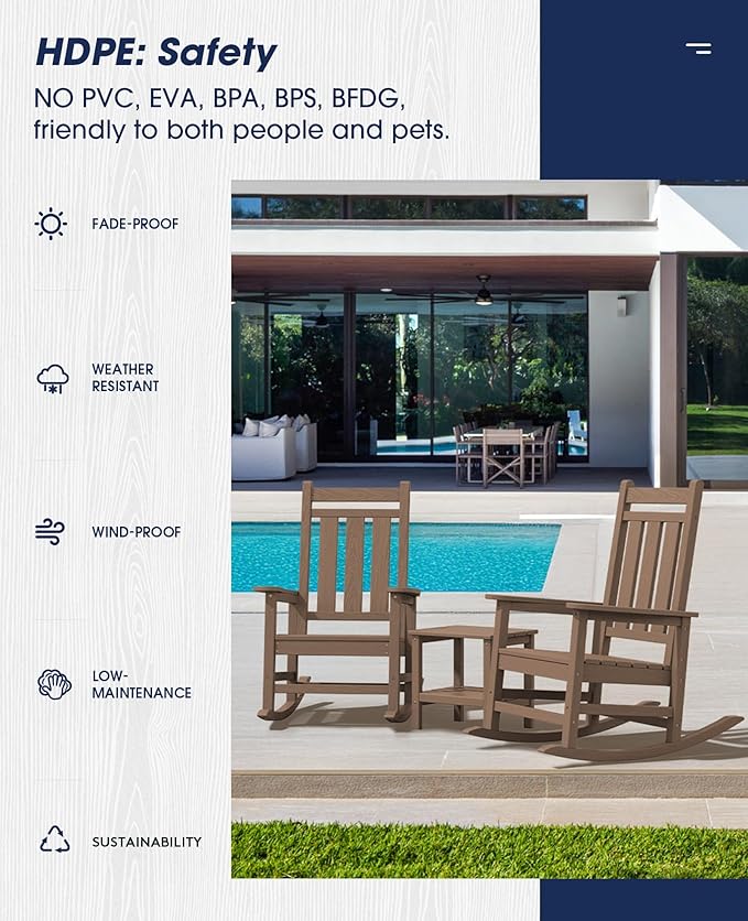 KINGYES Oversized Outdoor Rocking Chair Set of 2, All-Weather Patio Rocking Chairs for Porch, HDPE Outdoor Patio Rockers with High Back & Wide Seat for Garden, Lawn, Brown KINGYES