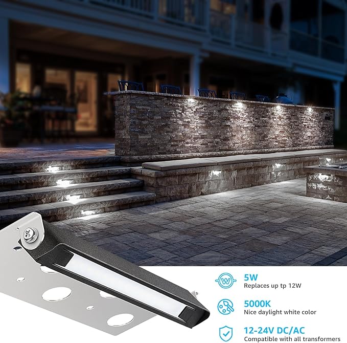 SUNVIE 7 Inch 5W LED Hardscape Lighting 5000K Daylight Retaining Wall Lights 12-24V AC/DC Waterproof Outdoor Landscape Lighting Low Voltage Step Lights with Connectors Hardscape Paver Light, 12 Pack SUNVIE