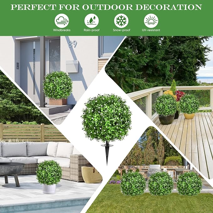 Artificial Topiary Bushes for Outdoors with Spike, Boxwood Ball Fake Shrubs UV Resistant Faux Plants for Indoor Outdoor Fall Thanksgiving Halloween Decor (Gypsophila Boxwood White-2 Packs) FAJUNZH