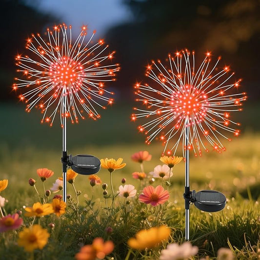 Garden Outdoor Lights, 2 Pack 120 LED Solar Garden Lights Fairy Lights Outdoor Waterproof Decorative Solar Firework Lights for Yard, Patio, Pathway, Flowerbed Party Wedding Decor, Orange Slyuexu