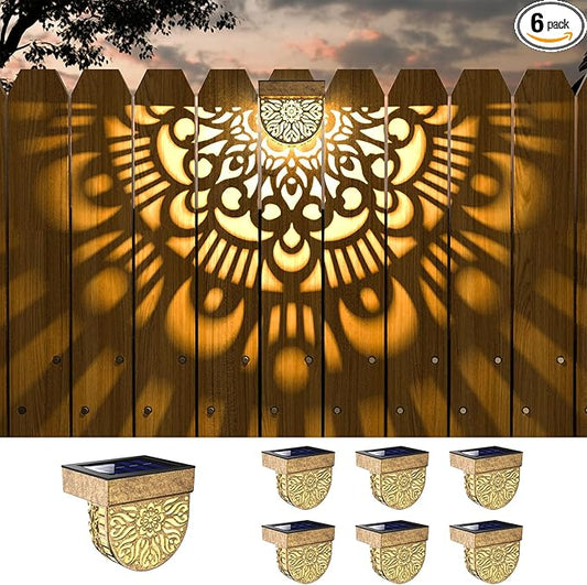 6 Pack Solar Fence Lights Outdoor Wall Lights Gold Plastic Solar Powered Deck Step Stair Lights Mandala Theme Waterproof Fence Solar Light for Garden Post Patio Backyard Yard Decor EKQ