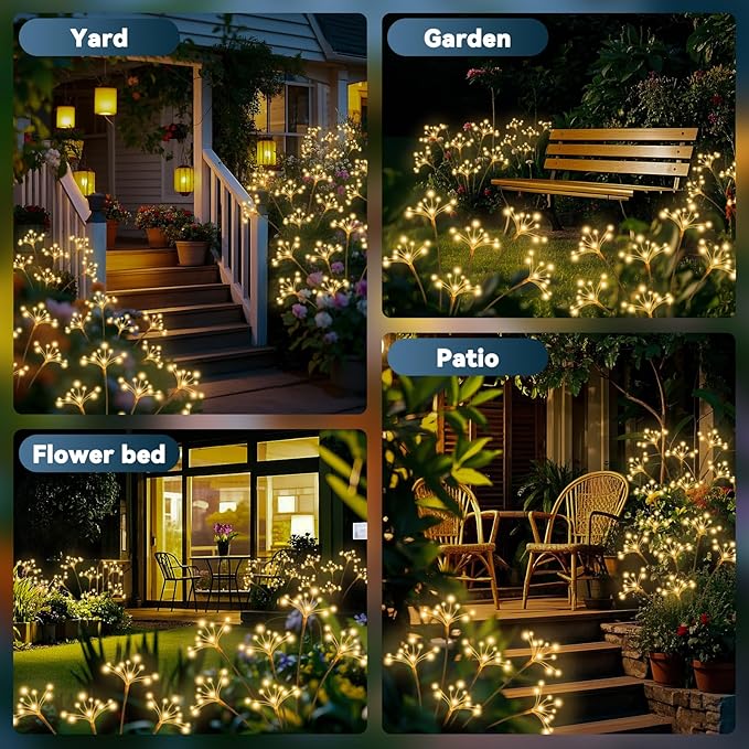 JJGoo Solar Garden Lights, New Upgraded 2 Pack Solar Swaying Starburst Light, Waterproof Fireworks Outdoor Lights, Yard Patio Pathway Decoration, Warm White JJGoo