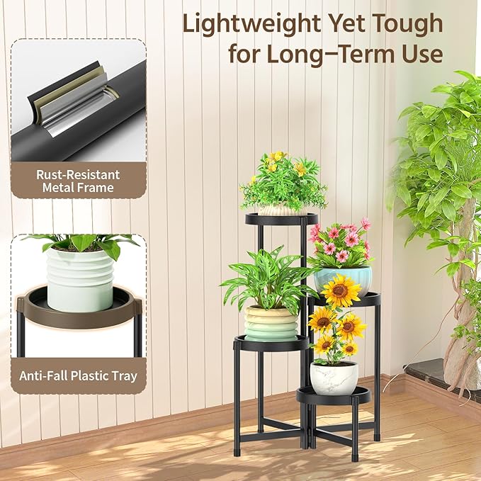 LASZOLA 4 Tiered Folding Plant Stand Indoor for Multiple Large Planter, Tall Heavy Duty Adjustable Rack with Rust Proof Plastic Shelving, Sturdy Vertical Tree Organizer for Narrow Inside Floor, Black LASZOLA