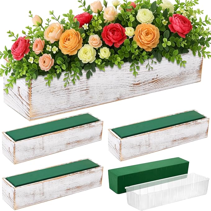 Dandat 4 Set Wood Boxes for Centerpieces 16x4 Inch Rectangle Wooden Planter Box Rustic Wooden Planters with Removable Plastic Liner Floral Foam Blocks for Christmas Wedding Home Garden Decor(White) Dandat