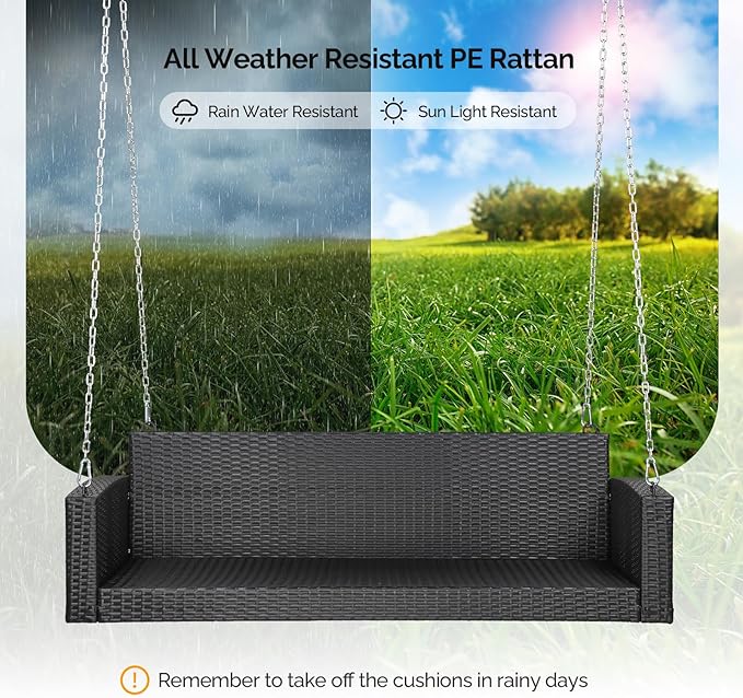 VINGLI Heavy Duty 800 LBS Wicker Hanging Porch Swing with Cushions & Chains, 5FT Outdoor Rattan Swing Bench for Garden, Yard, Lawn (Black) VINGLI