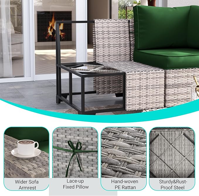 9-Piece Outdoor Patio Furniture Set with 55,000 BTU Fire Pit Table, PE Wicker Rattan Sectional Sofa Patio Conversation Set with Ottomans & Coffee Table, Green MuphyersPatioFurniture