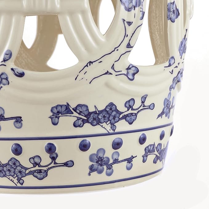 JONATHAN Y TBL1027A Lucky Coins 16" Chinese Ceramic Drum Indoor/Outdoor Garden Stool Bohemian, Coastal, Classic, Cottage, French Country, Patio, Garden Room, Bathroom, Living Room, Blue/White JONATHANY