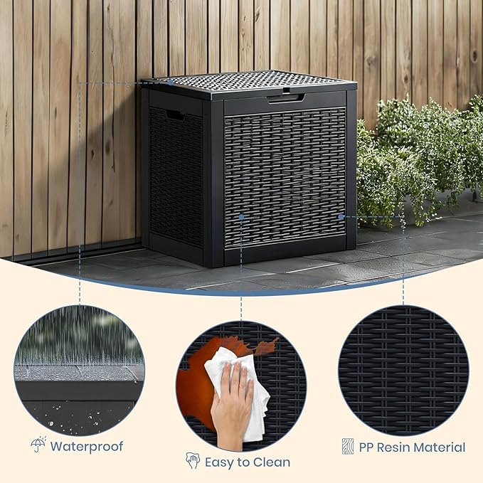 NEWBULIG 31 Gallon Outdoor Storage Box, Waterproof Deck Box with Lockable Lid, Patio Furniture Bench & Side Table, Easy Assembly, for Garden, Pool, Patio & Backyard Organization, Rattan Texture Black NEWBULIG
