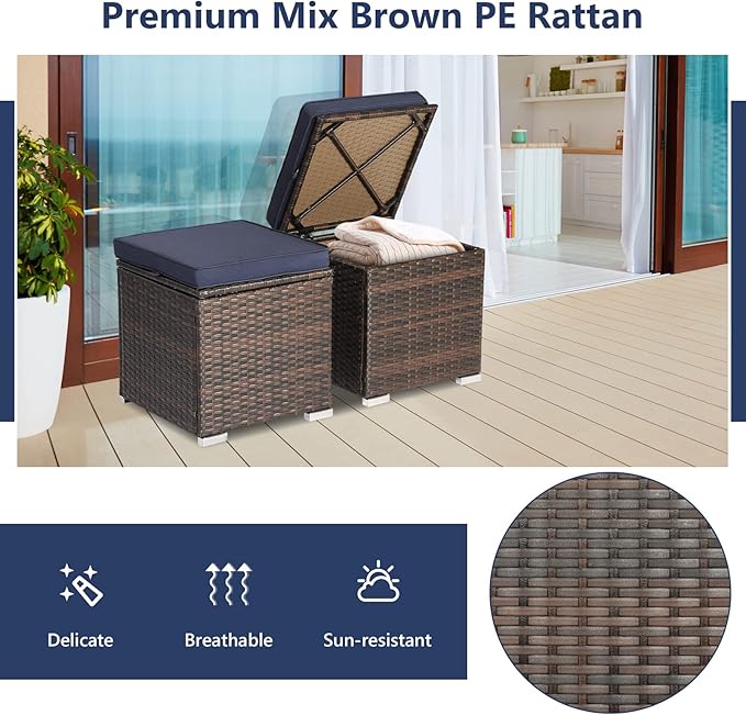 Tangkula 2 Pieces Patio Ottomans, Patiojoy Hand-Woven PE Rattan Side Table with Removable Cushion & Hidden Storage Space, Multifunctional Storage Box, Seat for Patio, Backyard, Poolside (Navy) TANGKULA