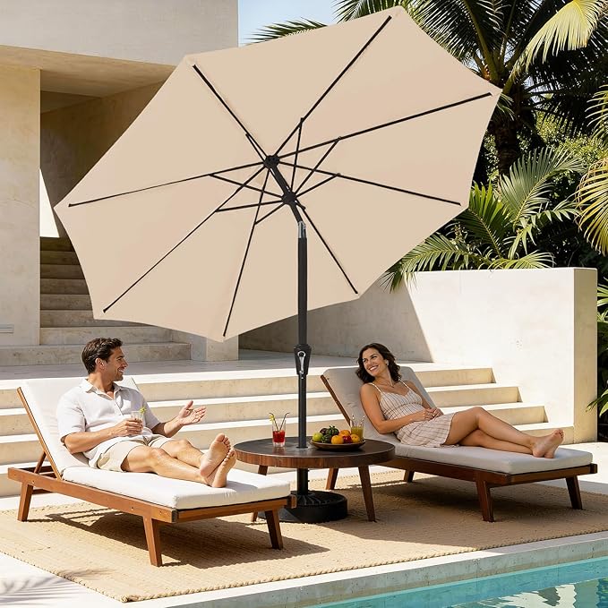MEWAY 9ft Patio Umbrella Outdoor Table Umbrellas with Push Button Tilt and Crank, Market Umbrella 8 Sturdy Ribs for Deck, Garden, Pool and Backyard, Cream Beige MEWAY