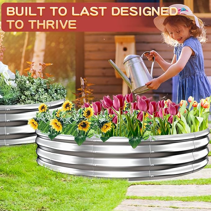 Durable Round Galvanized Steel Raised Garden Bed for Planting,Round Galvanized Steel Fire Ring/Fir Pit for Outdoor- 6×6×1FT,0.8MM Thick (Silver, 72 ins Diameter x 12 ins high) zbzbml