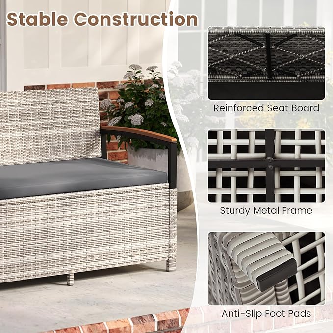 RELAX4LIFE Wicker Outdoor Storage Bench, Rattan Deck Box w/Protective Liner for Patio Furniture Pillows & Garden Tools, Porch Loveseat with Seat Cushion, Acacia Wood Armrests (Grey) RELAX4LIFE