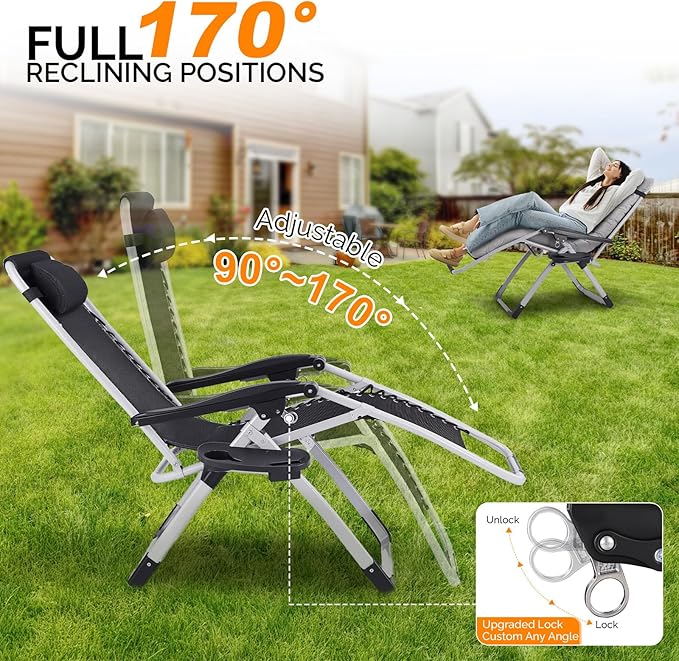 VINGLI Padded Zero Gravity Chair, Lounge Chair with Removable Cushion & Tray， Folding Reclining Patio Chairs， Recliner Chair for Lawn，Indoor and Outdoor VINGLI