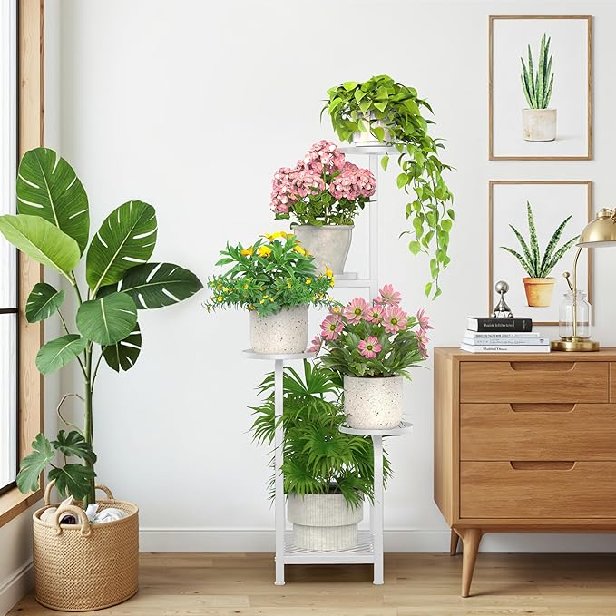TOSKING 5 Tier Tall Plant Stand Indoor Outdoor, Heavy Duty Corner Shelf for Plants & Decor, Space Saving 3.9FT Metal Flower Pot Stand for Balcony, Garden, Living Room, Patio (White, 47in) TOSKINGESSENCE