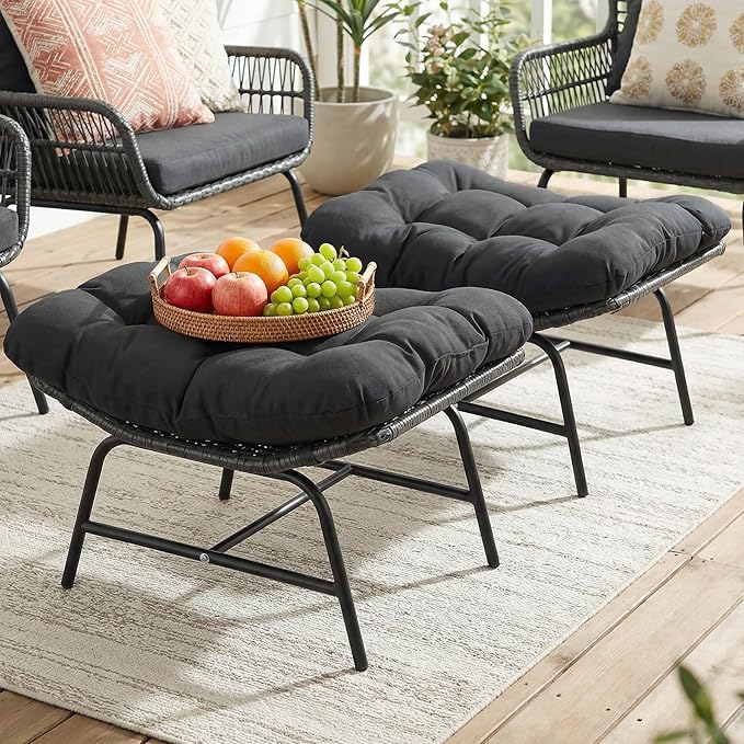 NICESOUL Indoor Outdoor Ottoman Set of 2, Large Wide Double Patio Footstool, PE Rattan Thicken Cushioned Footrest, All-Weather Wicker Furniture for Balcony, Porch, Living Room, Egg Chair, Grey NICESOUL